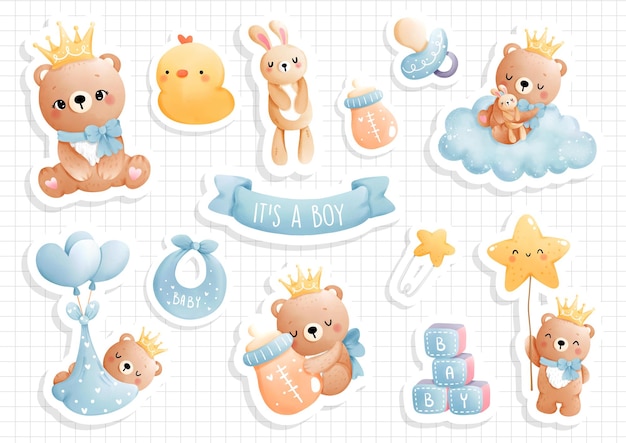 Es un niño, pegatina de oso bebé, álbum de recortes. ilustración vectorial