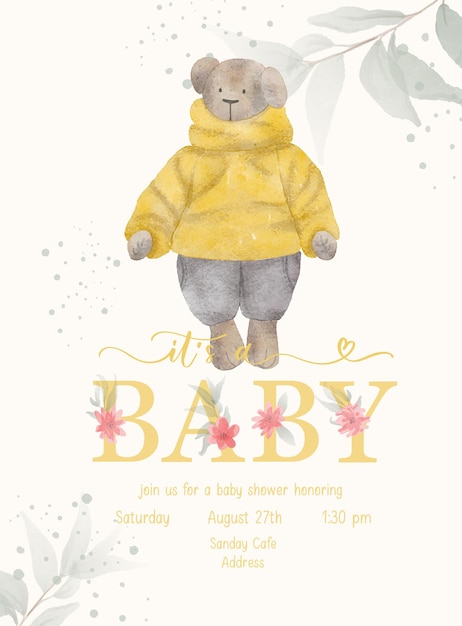 Vector es una plantilla de invitación con letras de baby baby shower con peluche de acuarela y hoja verde