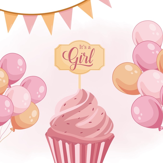 Es una tarjeta de felicitación de chica con muffins rosados globos de colores anuncio de bebé
