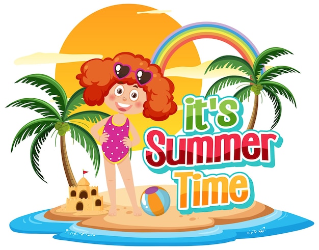 Vector es texto de horario de verano con niños en la playa.