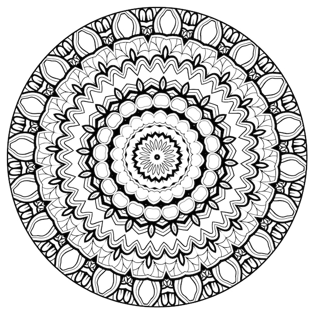 Esboza un patrón de flores redondas en estilo mehndi para colorear la página del libro.