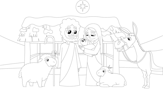 Vector esbozado un pesebre navideño con el niño jesús, maría, josé y los animales