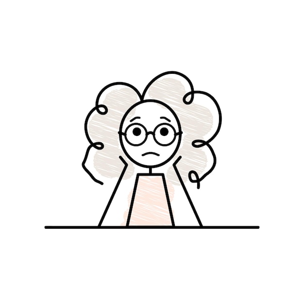 Esbozar a una chica asustada sentada en la ilustración de vector de garabato de estudiante de escritorio