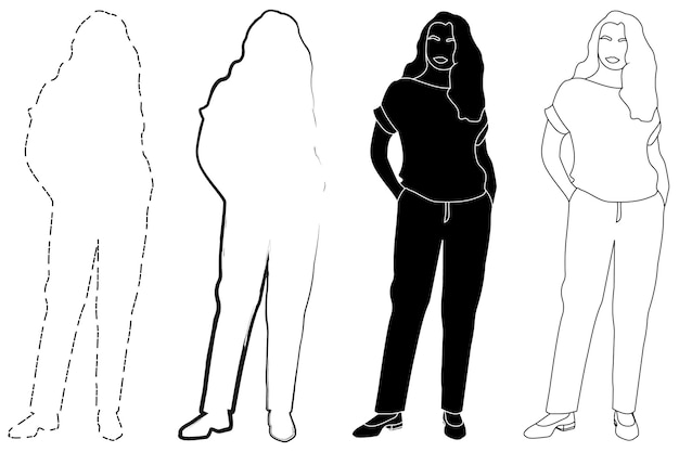 Esbozar el contorno de la silueta de una chica con un traje de moda de pie Dibujo lineal de garabatos