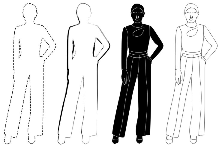 Vector esbozar el contorno de la silueta de una chica con un traje de moda de pie dibujo lineal de garabatos