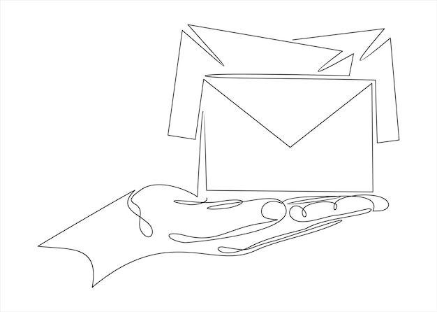 Vector esbozar la mano con el icono de correo electrónico. dibujo continuo de una línea.