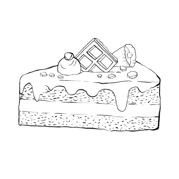 Esbozar un trozo de ilustración de pastel de chocolate Pastel blanco y negro aislado con gofres y chocola