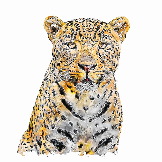 Esbozo de acuarela de un animal leopardo, ilustración dibujada a mano con fondo blanco aislado