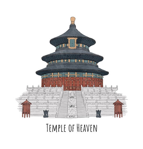 Esbozo de acuarela dibujado a mano del Templo del Cielo chino