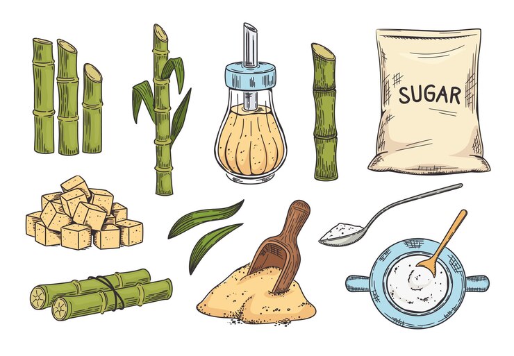 Vector esbozo de azúcar de caña caña de azúcar y azúcar marrón oscuro en sacudidor y cubos set de ilustraciones vectoriales de cuchara y bolsa dibujadas a mano