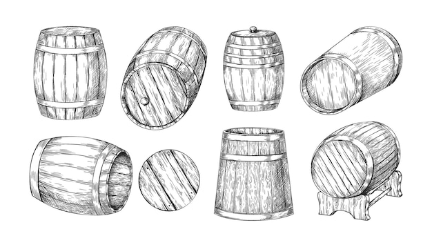 Esbozo de barril de madera dibujado a mano de madera de roble vintage para cerveza, whisky o vino Almacenamiento de bebidas alcohólicas Contenedores de cerveza o coñac Containers de barriles de vinería Formas vectoriales Conjunto de logotipos de viejas cervecerías