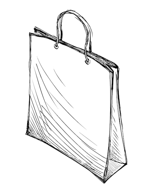 Esbozo de bolsa de compras paquete de papel nuevas compras dibujo de mano vectorial aislado en blanco