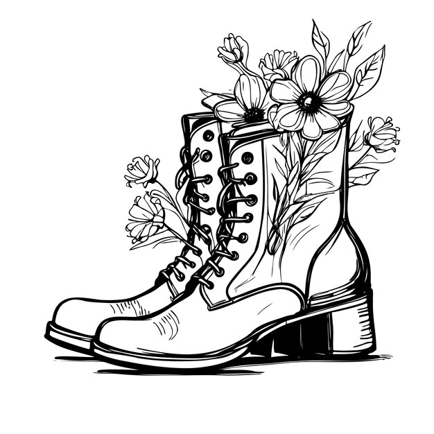 Esbozo de botas con flores aisladas en un fondo blanco ilustración de primer plano vectorial dibujada a mano