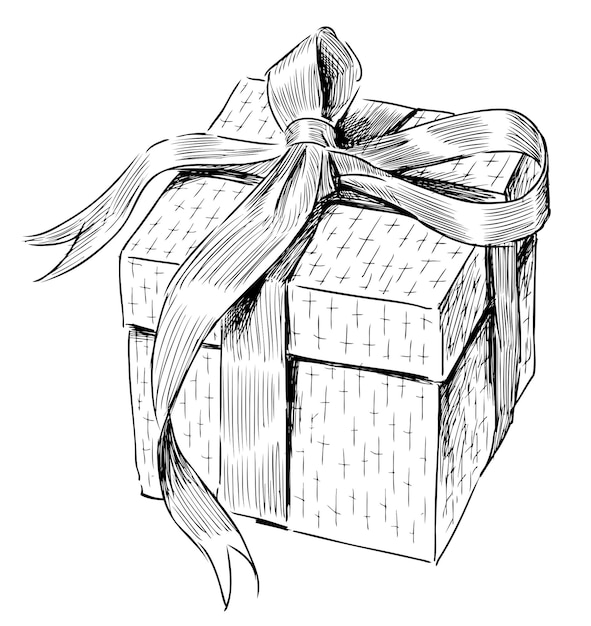 Esbozo de una caja de regalo con cinta atada en un dibujo vectorial de arco decorativo aislado en blanco