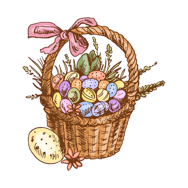 Esbozo de la canasta de Pascua dibujado a mano, ilustración vintage de colores y negros con huevos de Pascua de canasta