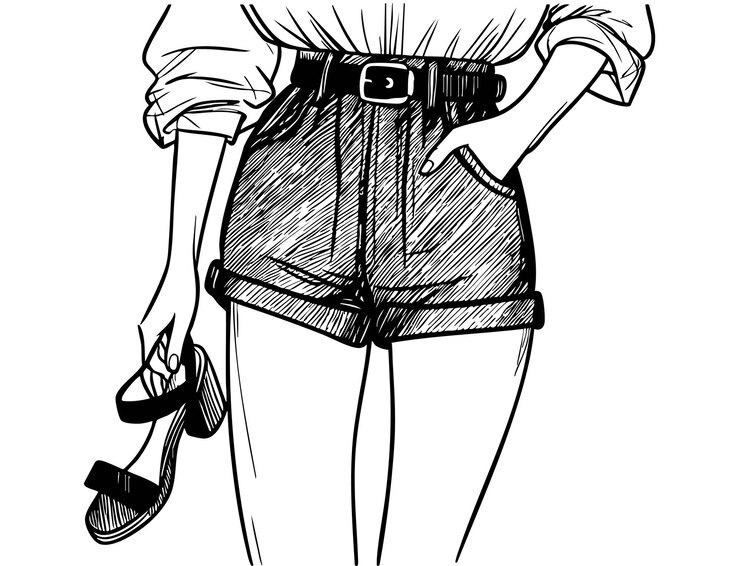 Vector esbozo de chica de moda en verano corto con zapatos vector de belleza y moda