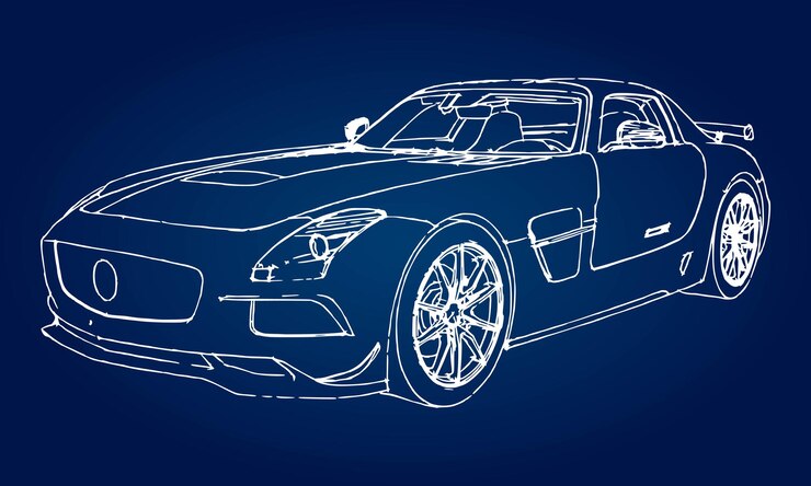 Vector esbozo de un coche deportivo moderno sobre un fondo azul con un degradado.