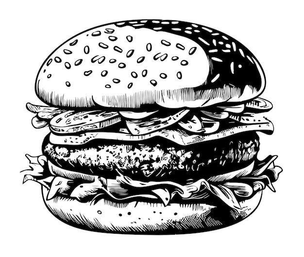 Esbozo de comida rápida de hamburguesa dibujado en una ilustración de estilo doodle