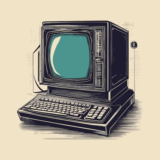 Vector esbozo de computadora retro vectorial dibujado a mano en ilustración de estilo doodle