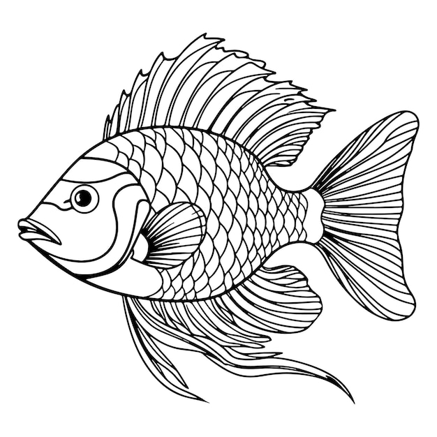 Esbozo de contorno dibujado a mano peces dibujo de tinta criatura marina mascota ilustración vectorial
