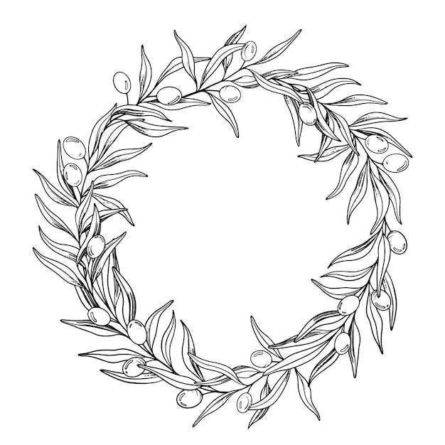 Esbozo de corona de rama de olivo con bayas y hojas dibujado a mano ilustración de arte de línea vectorial negra