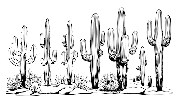 Esbozo del desierto de américa del sur con paisaje de pradería de cactus ilustración vectorial dibujada a mano