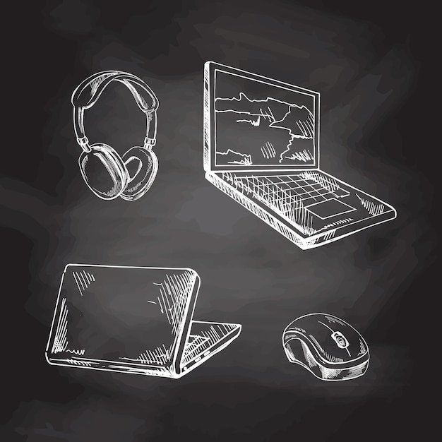 Esbozo detallado de ratón de computadora con auriculares inalámbricos de estilo retro en el fondo de la pizarra