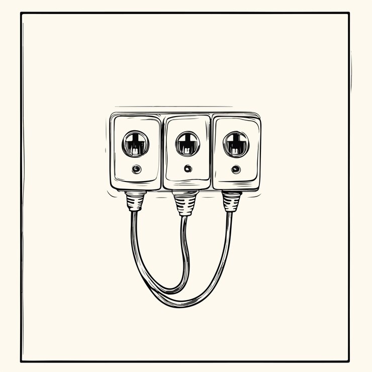 Vector esbozo dibujado a mano de un cordón de extensión de tres salidas que explora los componentes eléctricos