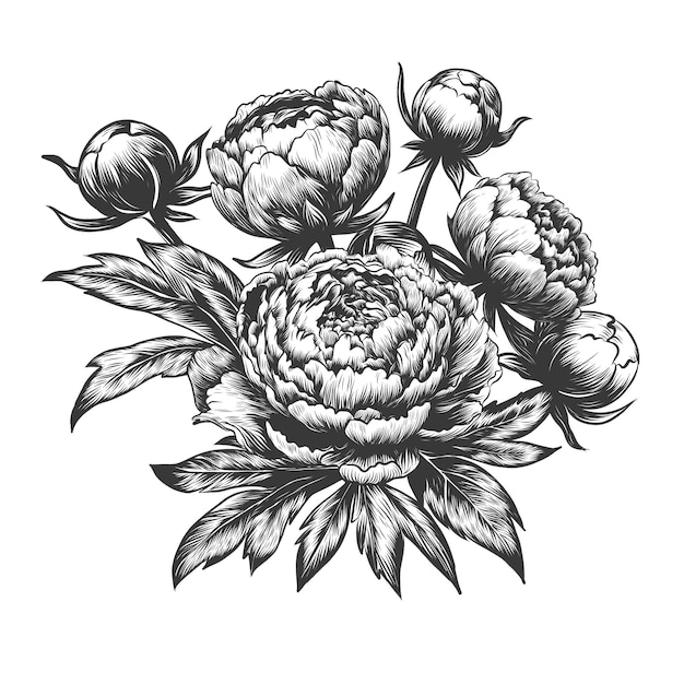 Esbozo dibujado a mano de flores y hojas de peonia ilustración vectorial de grabado de ramo de peonia