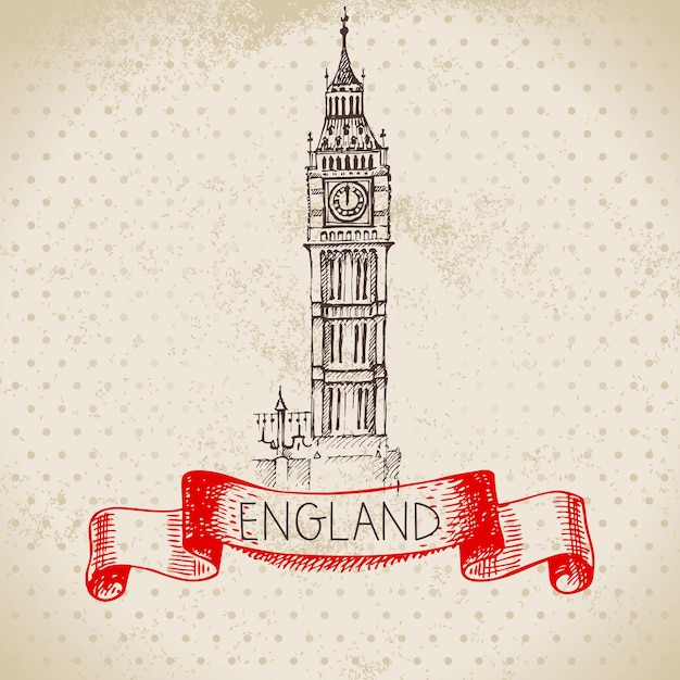 Esbozo dibujado a mano Inglaterra fondo vintage vector blanco y negro vector vintage Londres Big Ben ilustración Gran Bretaña elemento