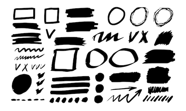 Esbozo dibujado a mano marcador negro signos cepillados líneas formas marcadores escritos a mano elementos de diseño conjunto