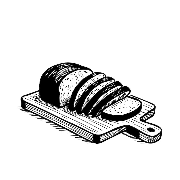 Esbozo dibujado a mano de pan en rebanadas Pan fresco en un tablero de cocina Vector
