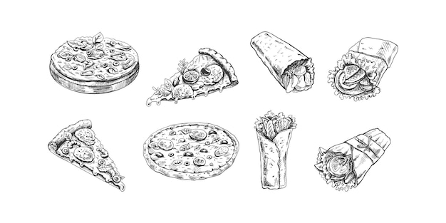 Esbozo dibujado a mano de la pizza y los burritos diferentes tipos de pizza y burritos