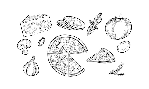 Esbozo dibujado a mano de la pizza y los ingredientes