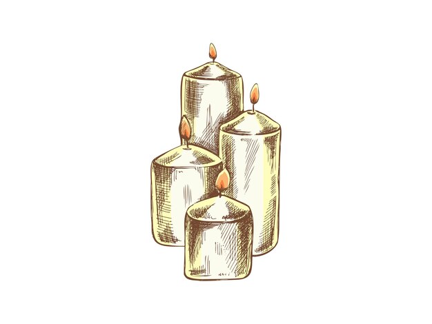 Esbozo dibujado a mano de velas encendidas estilo vintage vectorial Halloween o Navidad