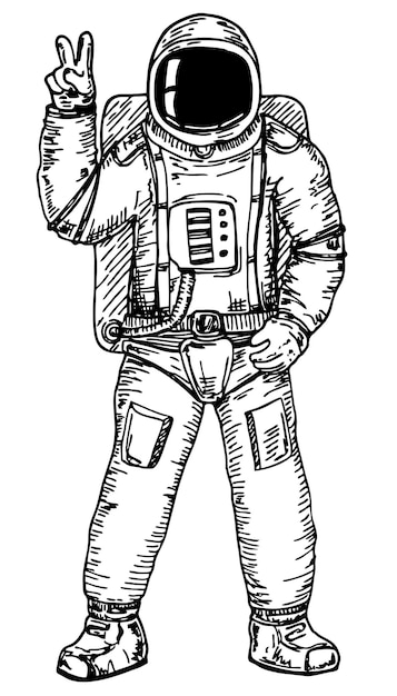 Esbozo de dibujo a mano de astronauta muestra un símbolo de mano v concepto de icono de tecnología espacial estilo de dibujos animados planos