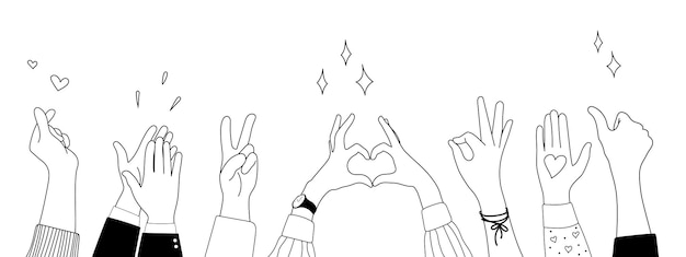 Esbozo de doodle con las manos hacia arriba gestos iconos cómicos siluetas conjunto vectorial