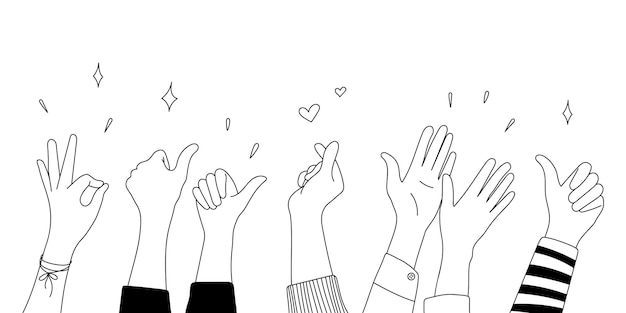 Esbozo de doodle con las manos hacia arriba gestos iconos cómicos siluetas conjunto vectorial