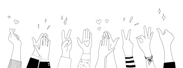 Esbozo de doodle con las manos hacia arriba gestos iconos cómicos siluetas conjunto vectorial