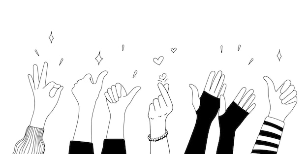 Esbozo de doodle con las manos hacia arriba gestos iconos cómicos siluetas conjunto vectorial