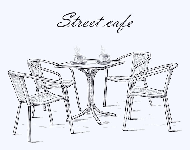 Esbozo de dos tazas de café en la mesa cuatro sillas de mimbre muebles en verano calle café vector