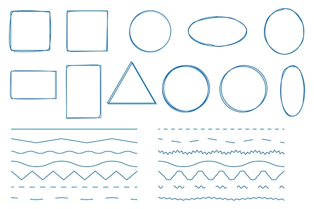 Esbozo de elementos gráficos dibujados a mano con diferentes marcos y líneas en zigzag en estilo doodle