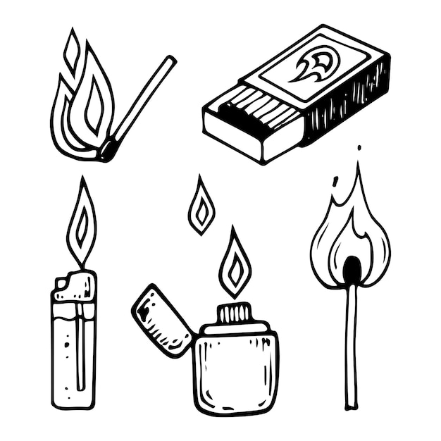 Esbozo de encendedor de cerillas Hacer un fuego Ilustración dibujada a mano