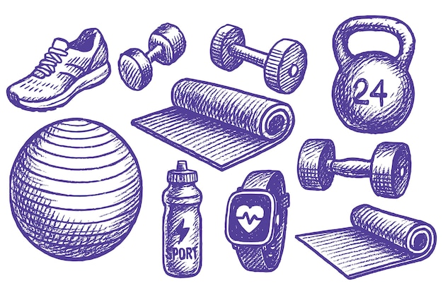 Esbozo de entrenamiento de fitness y bienestar con equipos de ejercicio y elementos de estilo de vida saludable