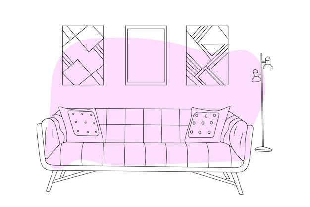 Esbozo de fideos del sofá de la sala de estar, decoración del hogar con dibujo de líneas, vector