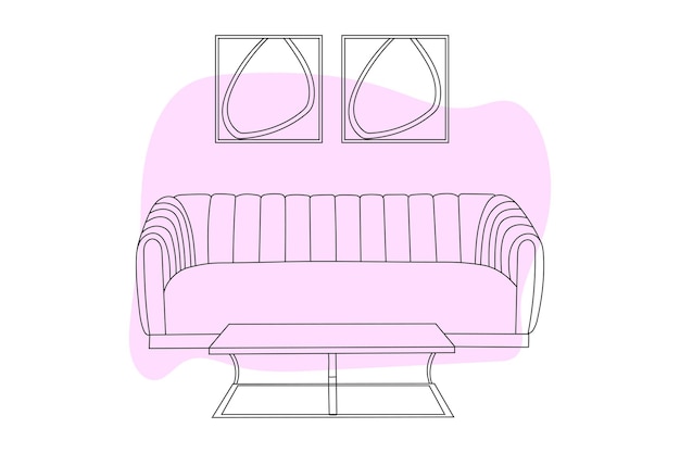 Esbozo de fideos del sofá de la sala de estar, decoración del hogar con dibujo de líneas, vector