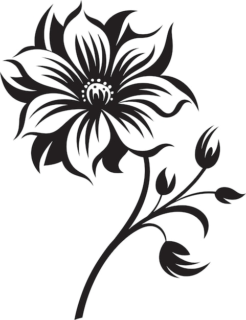 Esbozo floral engrosado emblema icónico negro marco de pétalos minimalista logotipo emblemático monocromo