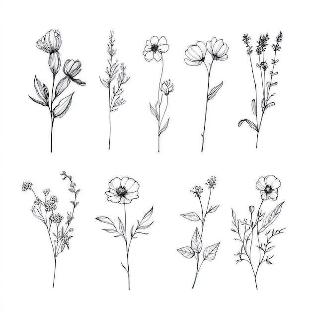 Esbozo de flores y hojas tropicales hermosa ilustración vectorial de la línea de flores