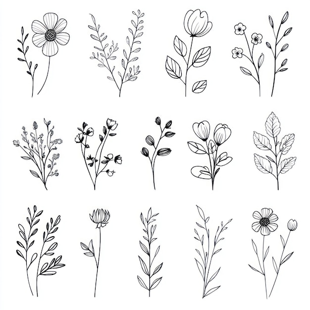 Esbozo de flores y hojas tropicales hermosa ilustración vectorial de la línea de flores