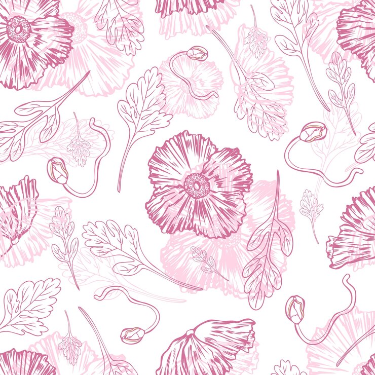 Vector esbozo de grabado vectorial de la hoja del brote de la flor de la amapola dibujado a mano aislado en blanco con patrón floral sin costuras estilo romántico para paquete de tarjetas de felicitación invitaciones de bodas cosméticas papel tapiz de floristería